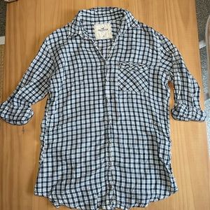 Hollister, size Medium: vintage button up shirt in plaid, blue and off-white